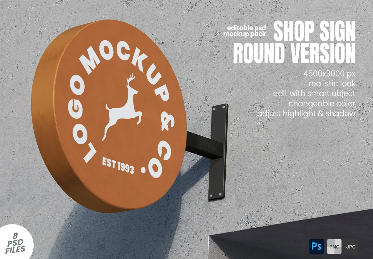 Storefront Round Shop Signage PSD Mockup Set