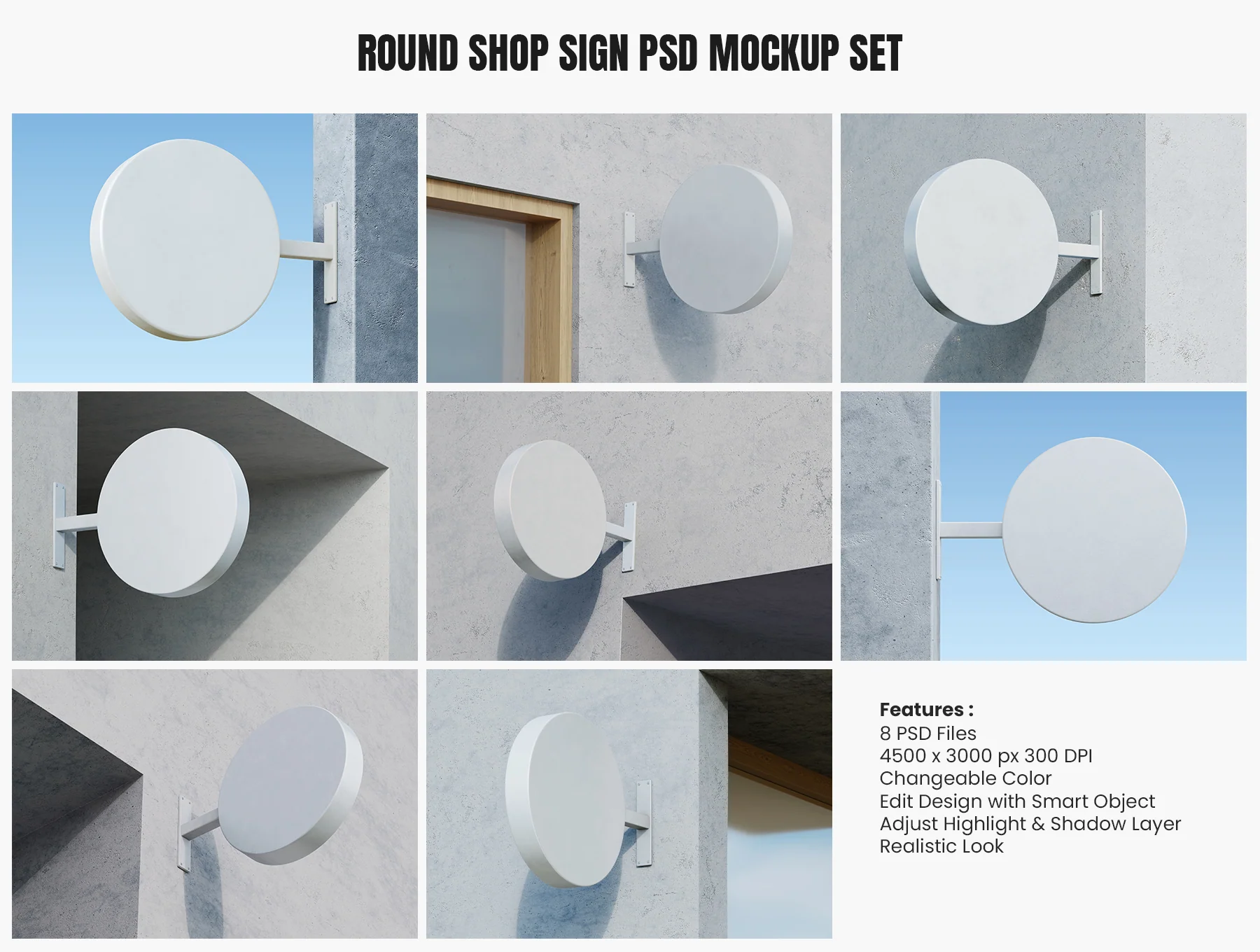 Storefront Round Shop Signage PSD Mockup Set 2