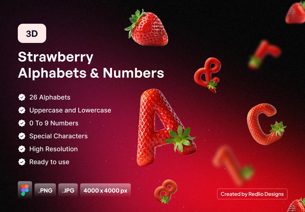 Strawberry 3D Typography Set - Letters, Numbers & Symbols