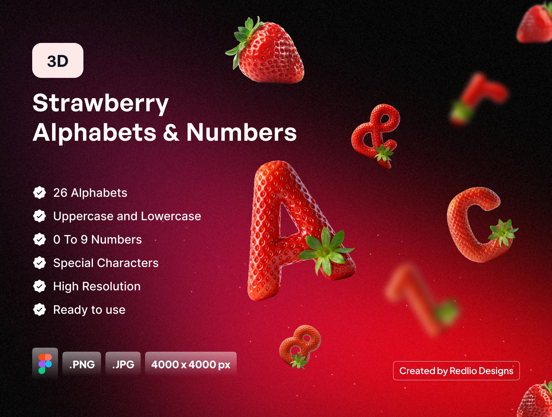 Strawberry 3D Typography Set - Letters, Numbers & Symbols
