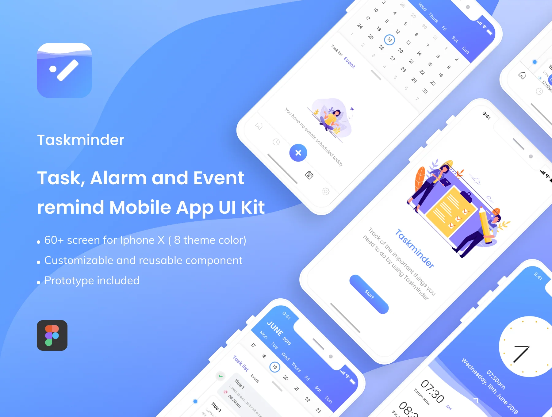 Taskminder - Task, Alarm and Event remind Mobile App UI Kit
