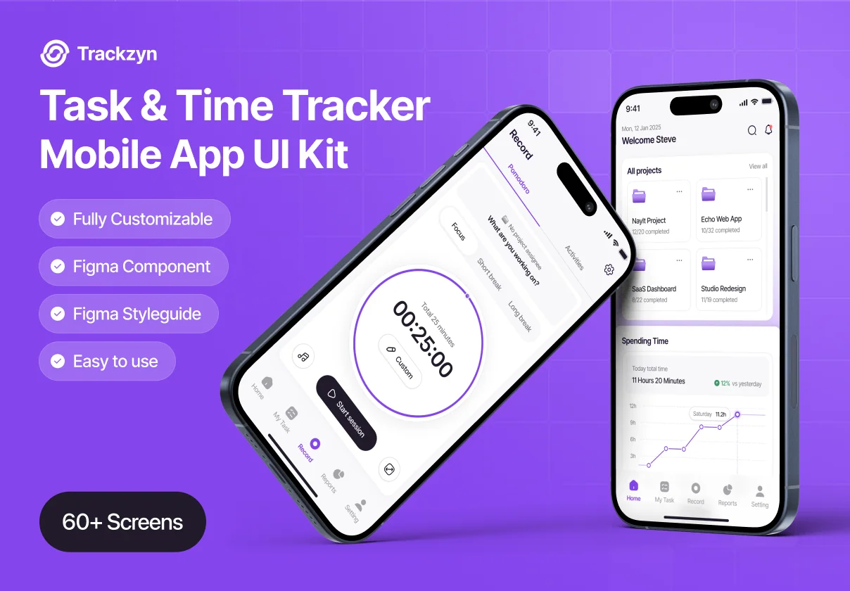 Trackzyn – Task & Time Tracker Mobile App UI Kit