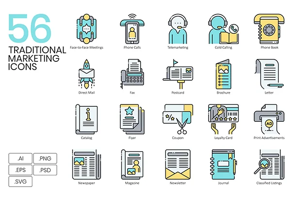 56 Traditional Marketing Icons | Aqua Series