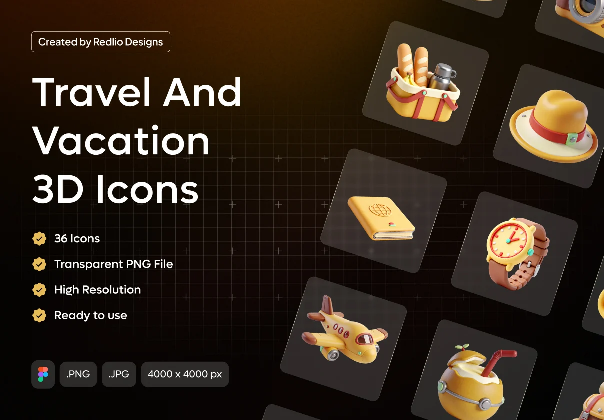 Travel & Vacation 3D Icon Set - 36 Premium High-Res Assets