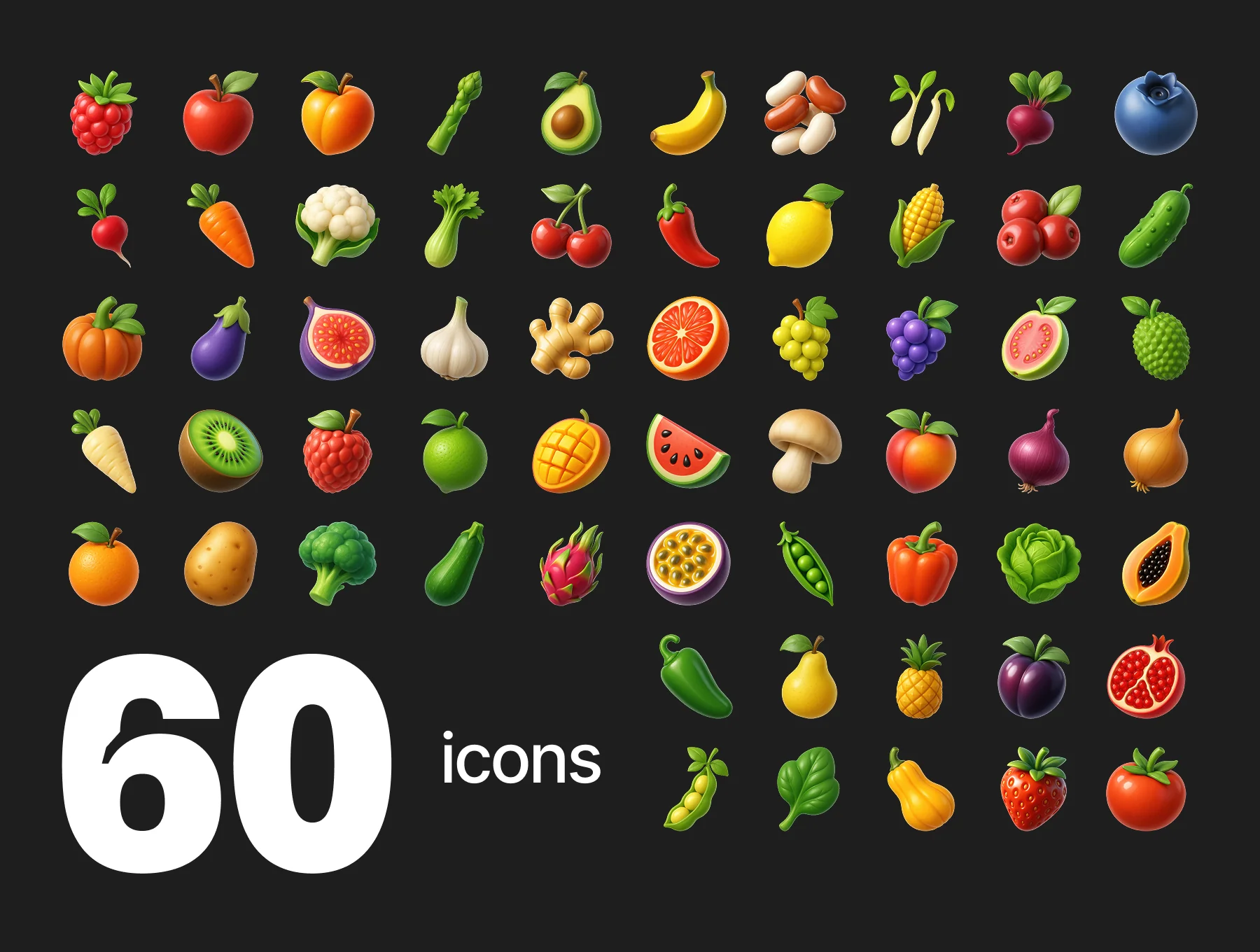 Vegetables & Fruits | 60pcs 3D Icons 2