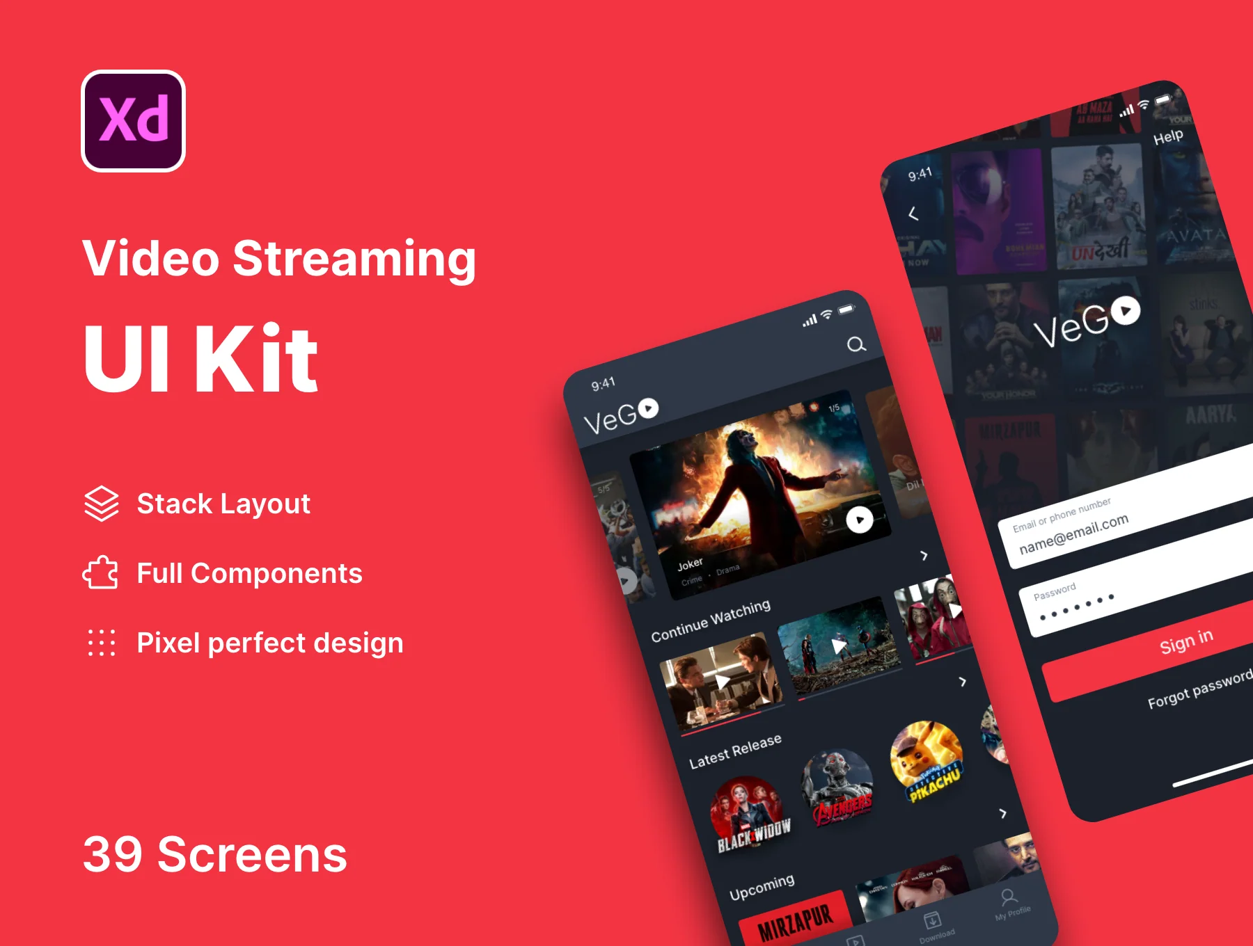Vego Video Streaming Mobile App Adobe XD 6