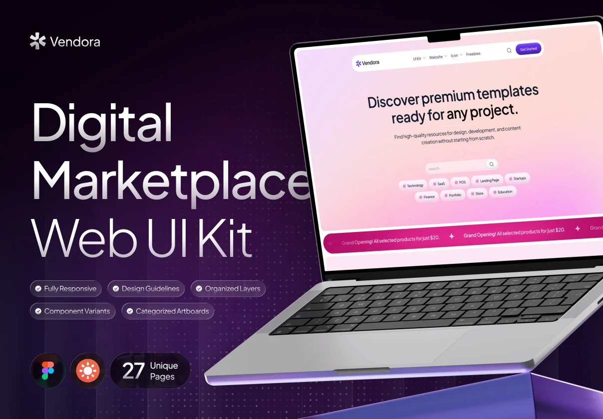 Vendora - Digital Asset Marketplace Website UI Kit