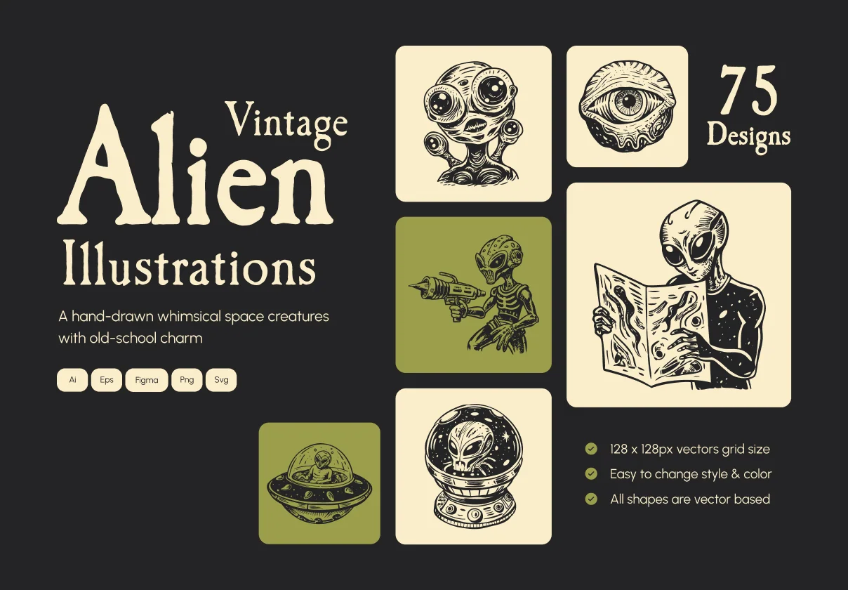 Vintage Alien Illustration Set