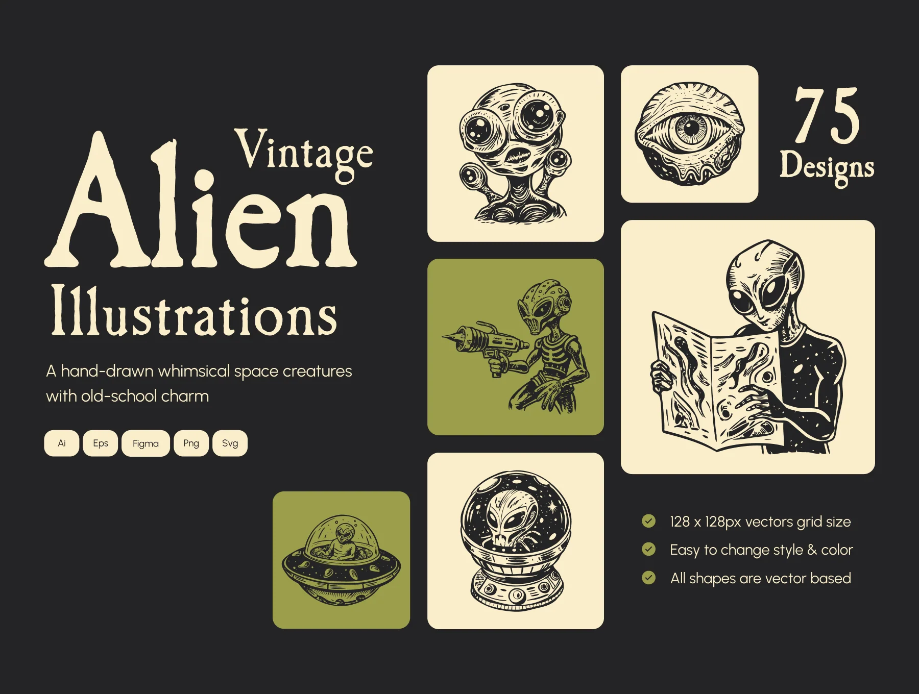 Vintage Alien Illustration Set