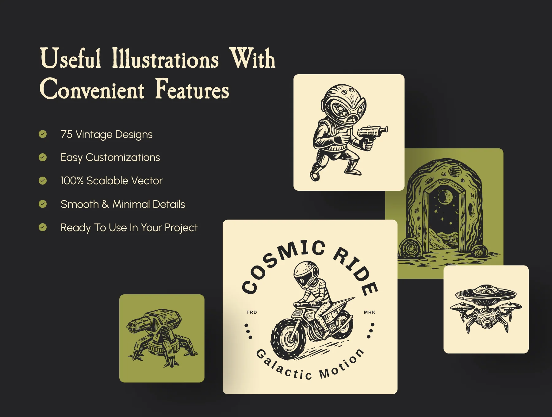 Vintage Alien Illustration Set 2