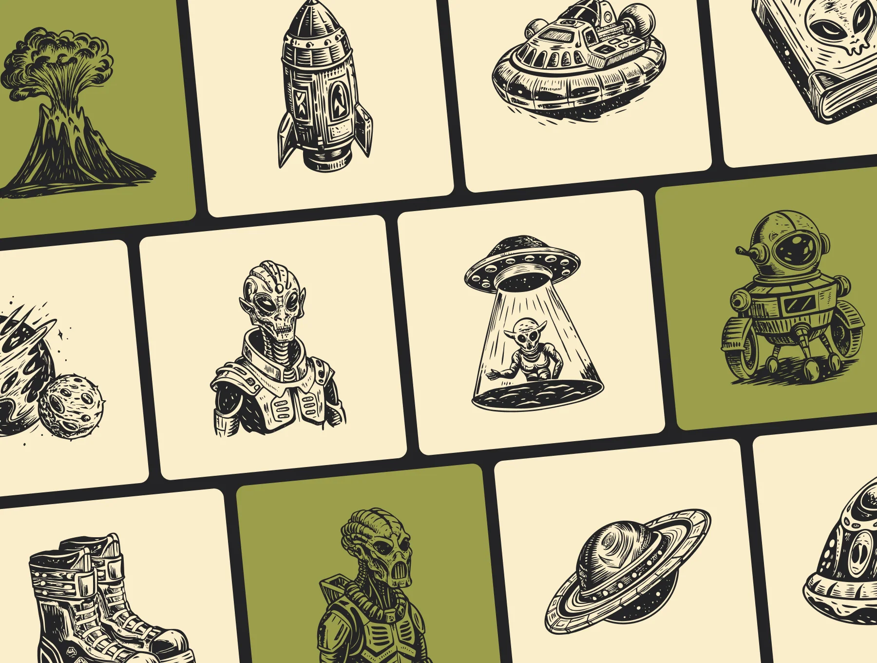 Vintage Alien Illustration Set 5