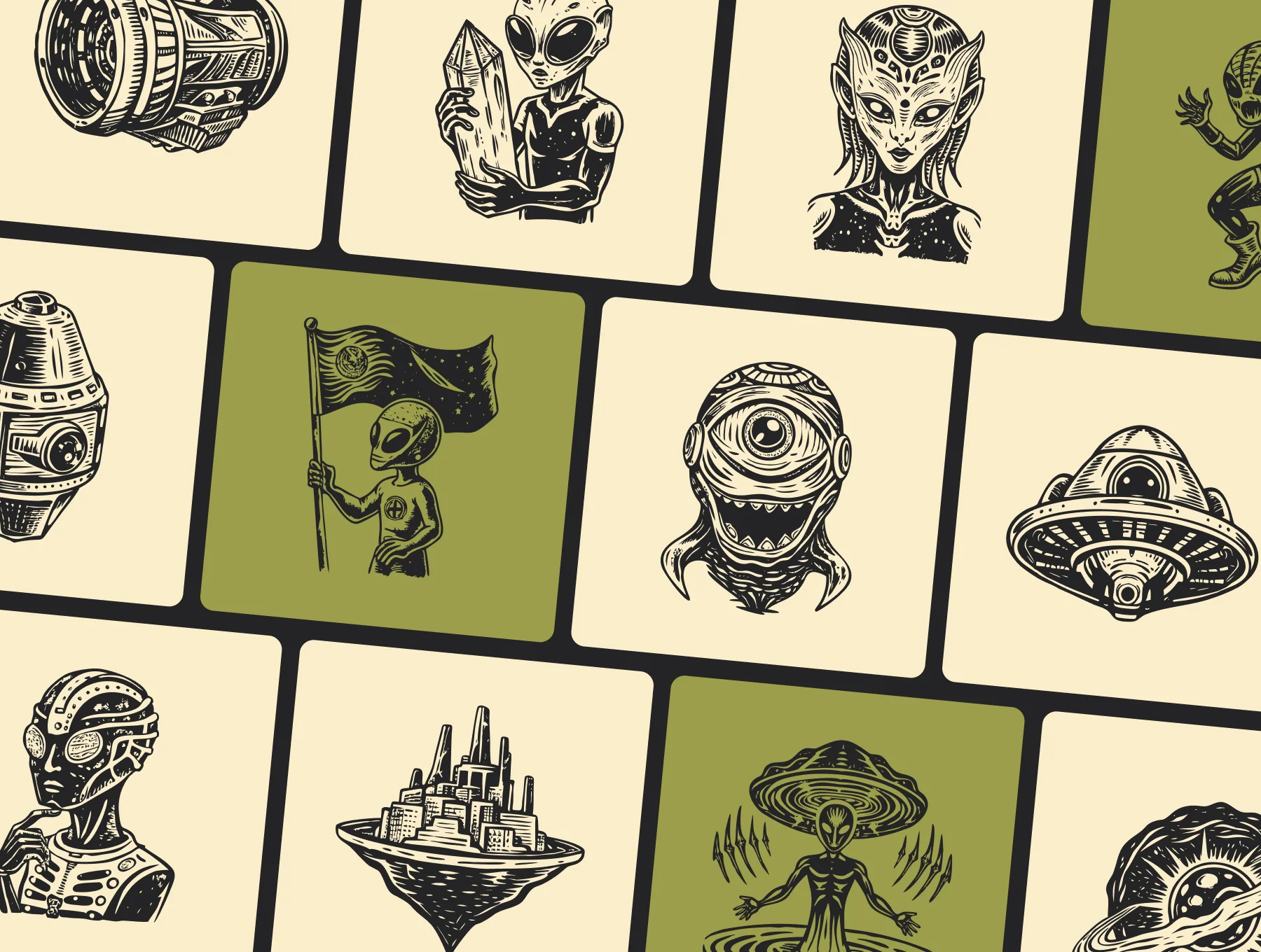 Vintage Alien Illustration Set 6