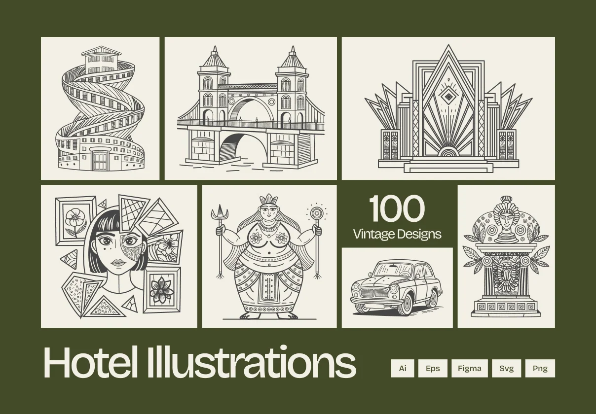 Vintage Hotel Illustration Set