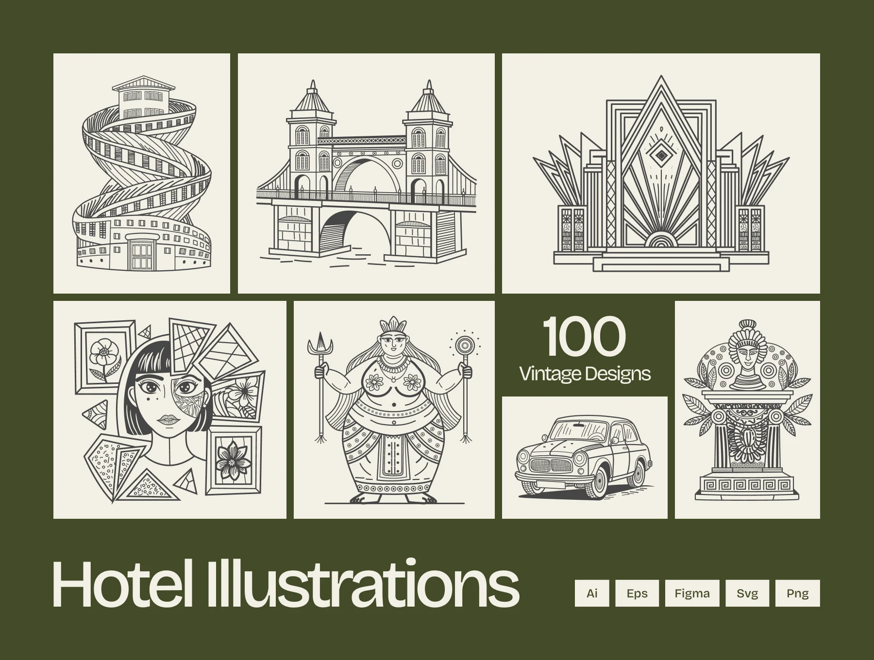 Vintage Hotel Illustration Set 6