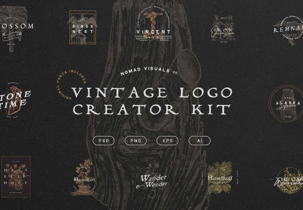 Vintage Logo Creator Kit – 20 Templates + Fonts + Illustrations
