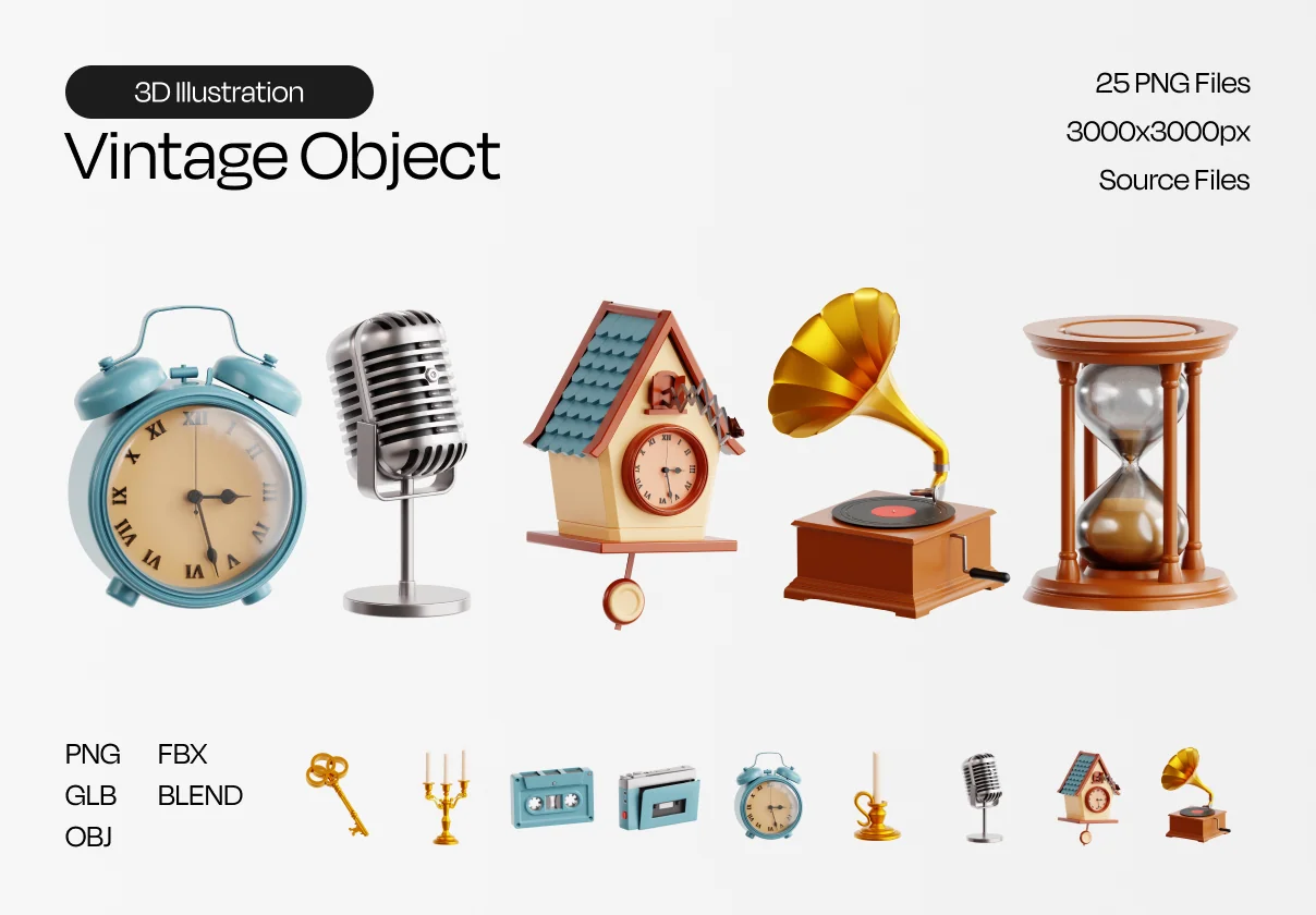 Vintage Object 3D Icon Set