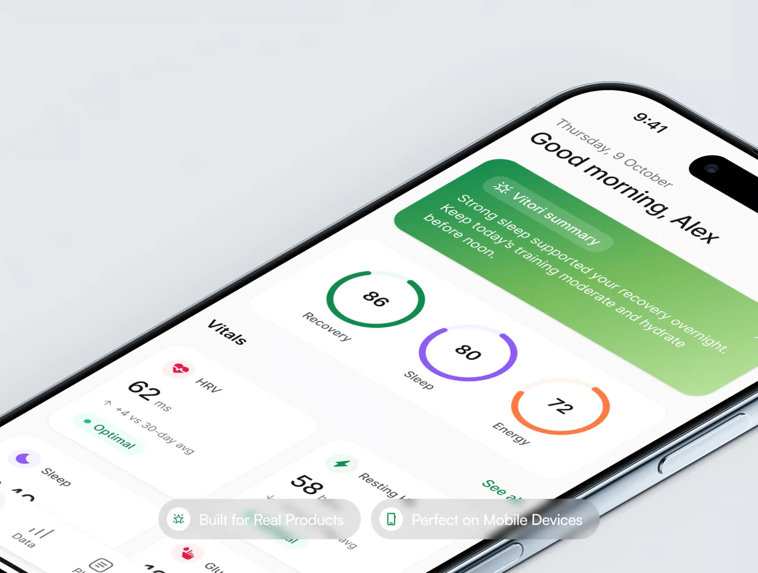 Vitori – Health & Care AI Mobile App UI Kit (Dark & Light) 3