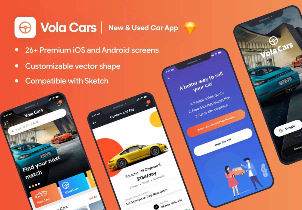 Vola Cars Premium iOS App UI Kit Sketch