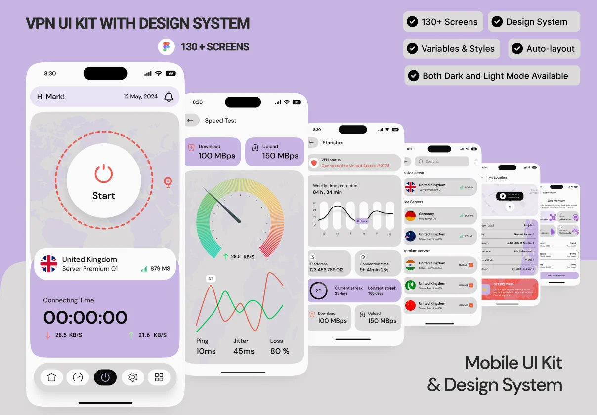 VPN Mobile App UI Kits + Design System