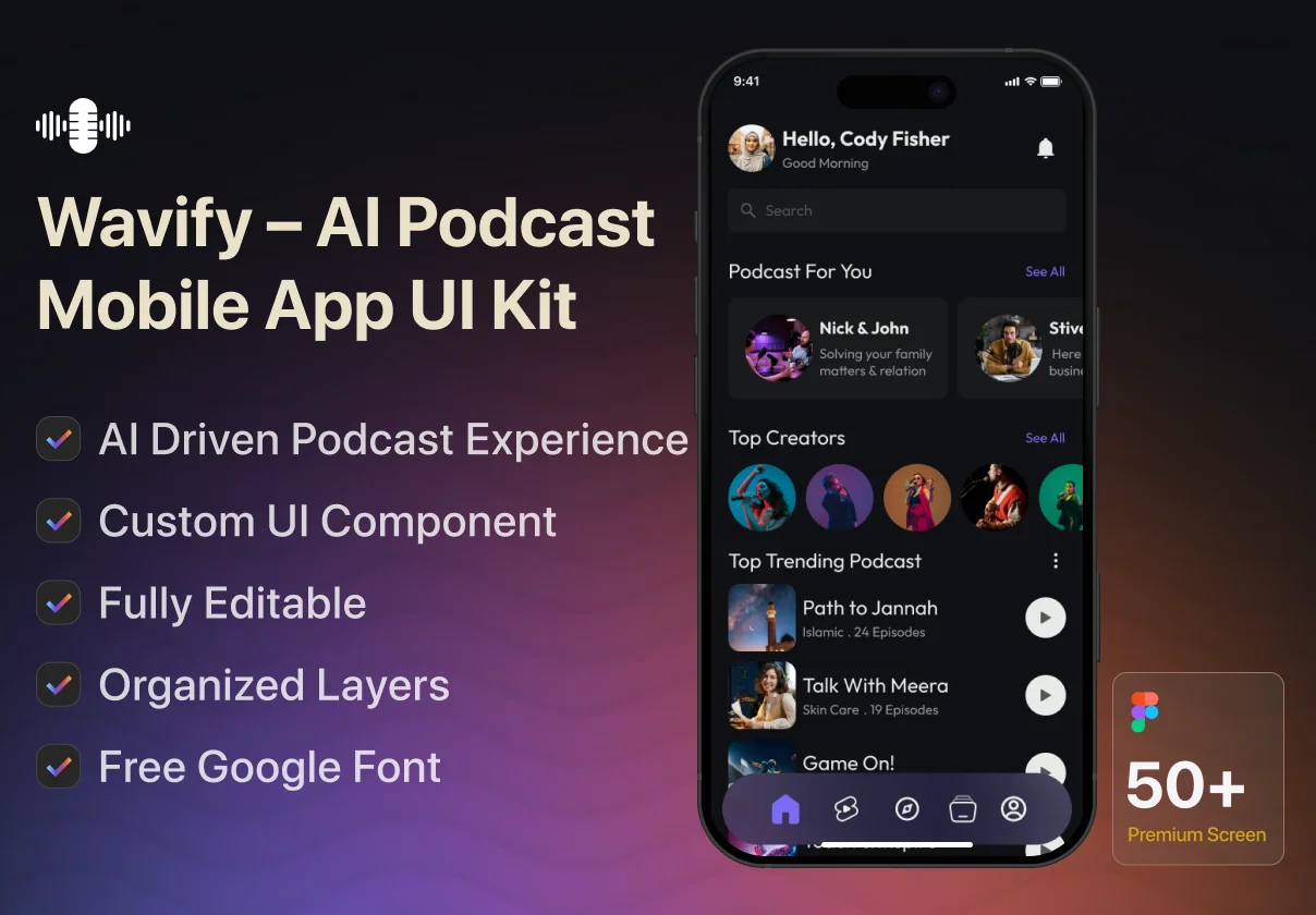 Wavify – AI Powered Podcast Mobile App UI Kit