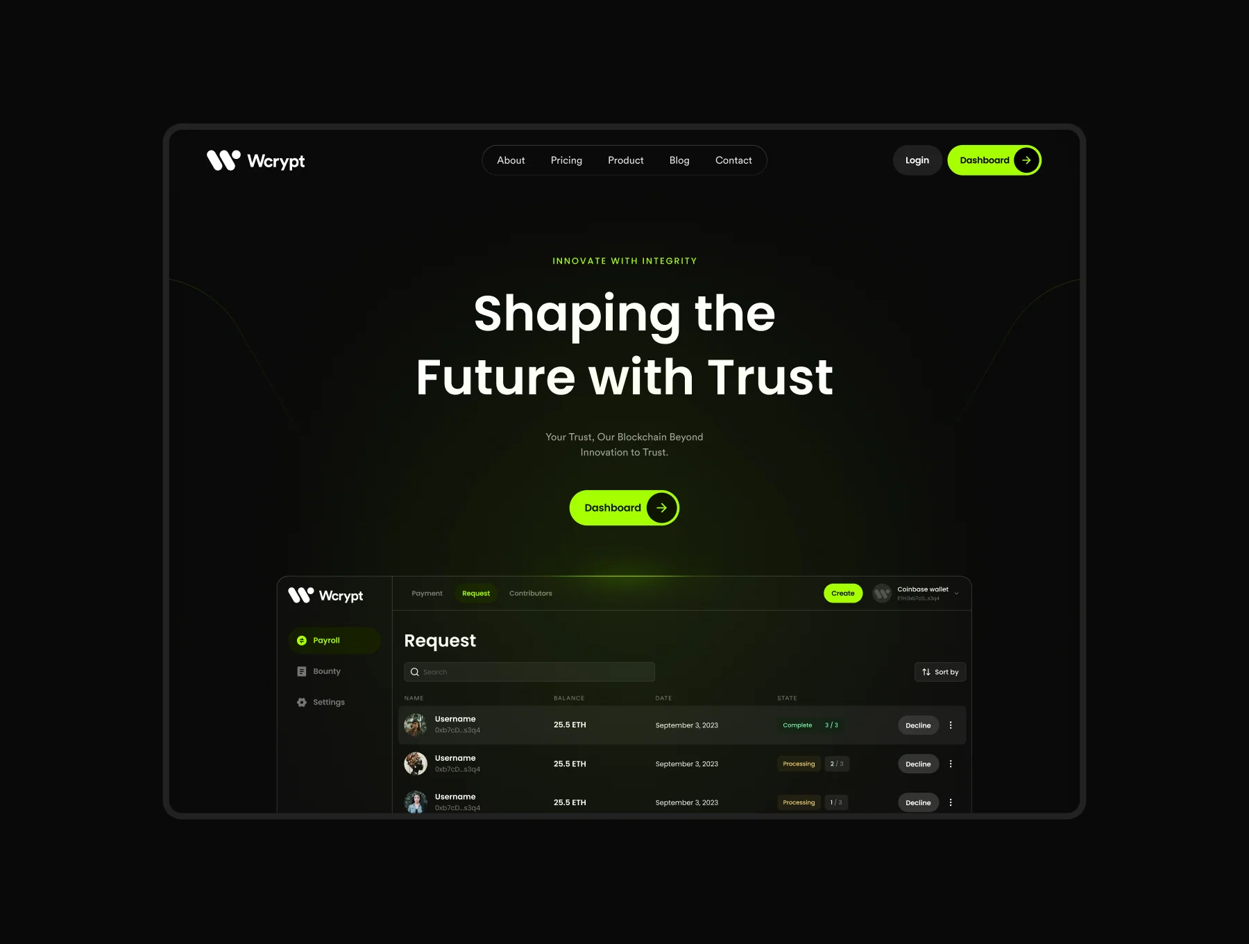 Wcrypt - Figma website, dashboard template