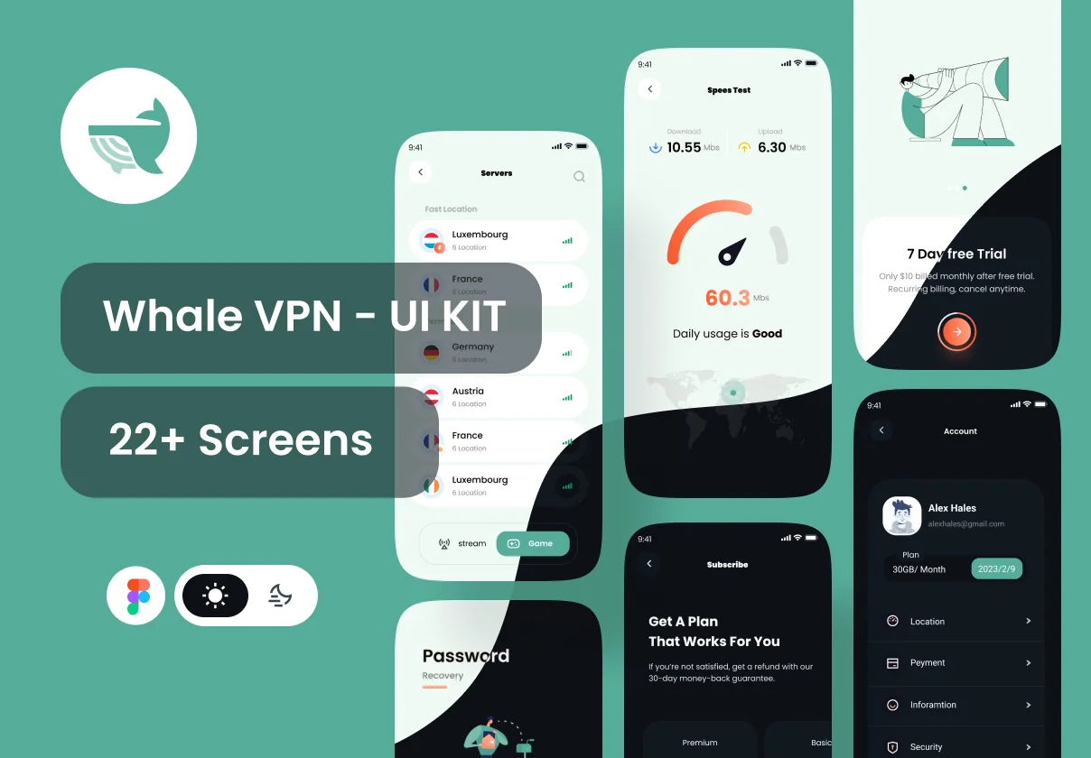 Whale VPN - VPN Mobile App UI KIT + Dark Mode