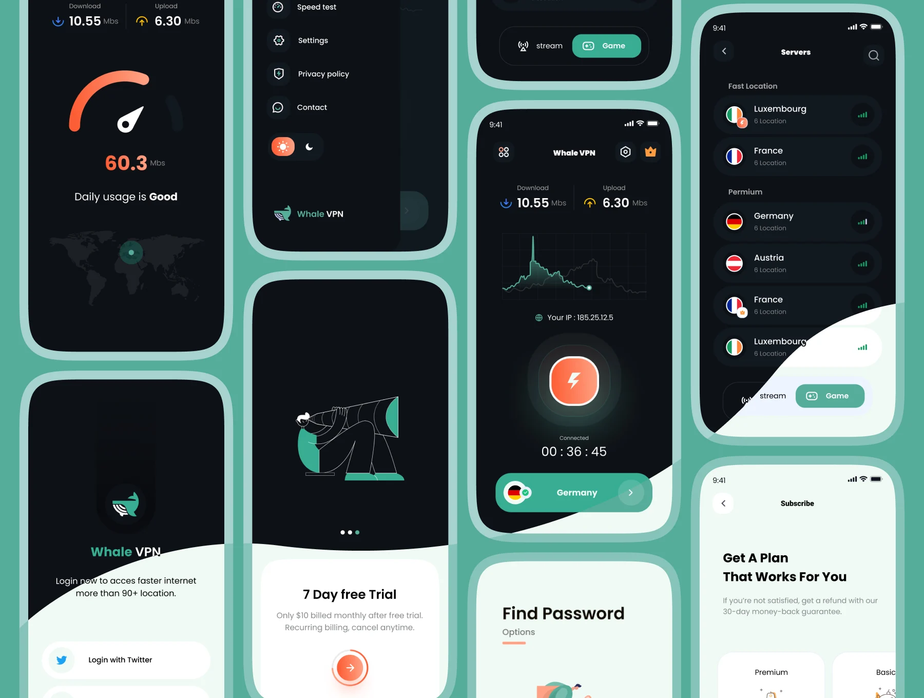 Whale VPN - VPN Mobile App UI KIT + Dark Mode 3